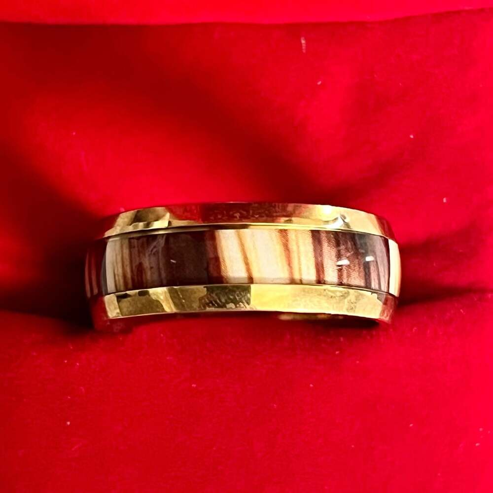 Gold Tungsten Carbide Koa Wood Inlay 8mm Polished Finish Band Size 11